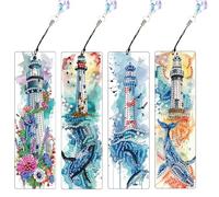 JISHSHAY 4 PCS Diamond Art Bookmarks Diamond Painting Book Marks Gem Art Bookmarkers Gem Painting Book Markers Mosaic Kits for Adults Special Drills with Crystal Pendants Lighthouse Dolphin
