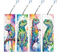 JISHSHAY 4 PCS Diamond Art Bookmarks Diamond Painting Book Marks Gem Art Bookmarkers Gem Painting Book Markers Mosaic Kits for Adults Special Drills with Crystal Pendants Chameleon