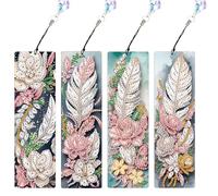 JISHSHAY 4 PCS Diamond Art Bookmarks Diamond Painting Book Marks Gem Art Bookmarkers Gem Painting Book Markers Mosaic Kits for Adults Special Shaped Drills with Crystal Pendants Feather Flower