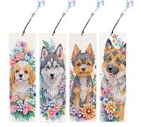 JISHSHAY 4 PCS Diamond Art Bookmarks Diamond Painting Book Marks Gem Art Bookmarkers Gem Painting Book Markers Mosaic Kits for Adults Special Shaped Drills with Crystal Pendants Flower Dog