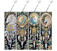 JISHSHAY 4 PCS Diamond Art Bookmarks Dragon Dreamcatcher Diamond Painting Book Marks for Reading Gem Art Bookmarkers Gem Painting Book Markers Embroidery Kit Special Shape Drills with Crystal Pendants