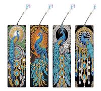 JISHSHAY 4 PCS Diamond Art Bookmarks for Adults Diamond Painting Book Marker Diamond Art Book Marks for Reading Dimond Art Painting Bookmark Making kit Bookmarks for Book Lovers 2.28×7.67in Peacock