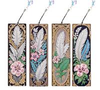 JISHSHAY 4 PCS Feather Diamond Art Bookmarks Flower Diamond Painting Book Marks for Reading Gem Art Bookmarkers Gem Painting Book Markers Embroidery Kit Special Shaped Drills with Crystal Pendants