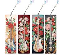 JISHSHAY 4 PCS Guitar Diamond Art Bookmarks Flower Diamond Painting Book Marks for Reading Gem Art Bookmarkers Gem Painting Book Markers Embroidery Kit Special Shaped Drills with Crystal Pendants