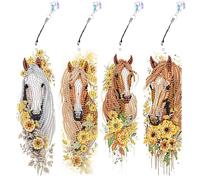 JISHSHAY 4 PCS Horse Diamond Painting Bookmarks Flower Diamond Art Book Marks for Reading Gem Art Bookmarkers Gem Painting Book Markers Embroidery Kit Special Shaped Drills with Crystal Pendant