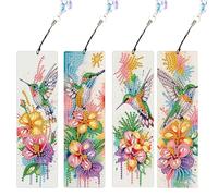 JISHSHAY 4 PCS Hummingbird Diamond Art Bookmarks Flower Diamond Painting Book Marks for Reading Gem Art Bookmarkers Gem Painting Book Markers Embroidery Kit Special Shaped Drills with Crystal Pendants