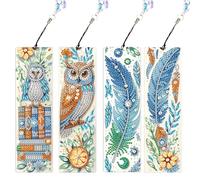 JISHSHAY 4 PCS Owl Diamond Art Bookmarks Feather Diamond Painting Book Marks for Reading Gem Art Bookmarkers Gem Painting Book Markers Embroidery Kit Special Shaped Drills with Crystal Pendants