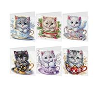 JISHSHAY 6 PCS Diamond Art Greeting Cards Diamond Painting Birthday Cards with Envelopes Gem Art Gem Painting with Special Drills for Thanksgiving Birthday Anniversary Valentine Festival Cat Cup