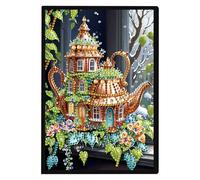 JISHSHAY Diamond Painting Notebook Teapot House Diamond Painting Book White Leaf Embroidery Diamond Embroidery Notepad Craft Adult Diary Embroidery Notebook A5 Cross Stitch