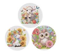 JISHSHAY DIY Diamond Art Table Mats - 3 Pcs Animal Placemats with Non-Slip Cork Base - Owl & Unicorn - Wooden - 15x15cm