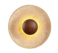 JISHUBO 9.8 Inch Round Yellow Travertine Wall Light, Industrial Natural Stone Wall Light, LED Light Source Wood Wall Lamp, Living Room Restaurant Bedroom Decoration Light Fixtures