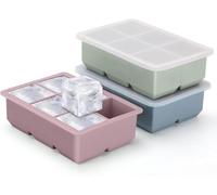 Jisile Silicone Ice Cube Tray Set of 3, 6-Cavity Large Square Ice Moulds with Lid, Reusable Ice Cube Maker for Whiskey, Cocktails & Beverages
