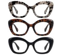 JiSoo 3 Pack Oversized Cat Eye Reading Glasses 3.0 Women Designer Readers, Large Cateye Ladies Reading Glasses 3.0+, Black+Tortoise+Tortoise Grey