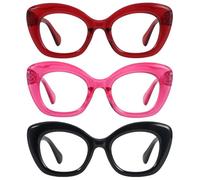 JiSoo Oversized Reading Glasses 3.0 Women Cat Eye Funky Readers Glasses, Large Ladies Reading Glasses 3.0+, Black+Red+Pink