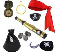 JISRKP 13pcs Pirate Costume, Pirate Accessories Women, Pirates Accessories Set With Compass, Telescope, Eye Mask, Gold Earrings, Black Coin Bag, Coins, Pirates Red Headscarf,for Cosplay, Party
