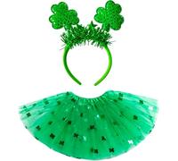 JISRKP 2-Piece Four Leaf Clover Costume Ensemble, St Patricks Day Outfits, Green Tutu Set with Matching Accessories, Festive Green Skirt for Special Occasions
