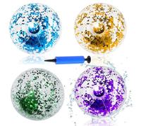 JISRKP 4 Pcs Beach Balls Inflatable, 16" Glitter Beach Balls with Manual Inflator, Water Recreation Beachball for Pool Party Games Summer Beach Toy