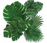 JISRKP 50 Fake Leaves Set, Artificial Leaves Decorations For Tropical Party Decor, Jungle Themed Events And Table Settings With Mixed Sizes Of Monstera And Palm Leaves