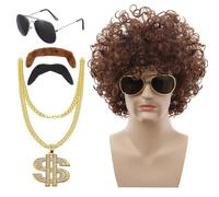 JISRKP 5Pcs 70s 80s Fancy Dress Men Set, Funky Afro Wig, Elvis Wig, Discos Funky Sunglasses Disco Necklace Fake Mustache for Mens Kids, Cosplay Wigs for Discos Theme Party