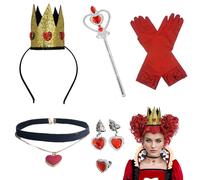 JISRKP Queen Of Hearts 6-Piece Premium Costume Set - Complete Magical Accessories In Wonderland Role Play, Ultimate Halloween Transformation For Women, Men & Kids