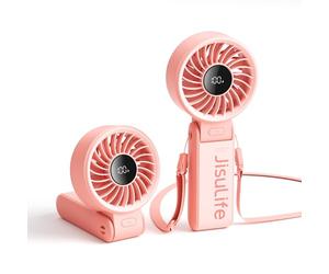 JISULIFE Handheld Fan Life7 - Ultimate Flexibility: High-Power Motor, LED Display, 5000mAh Rechargeable, 5-Speed, Foldable Design, 3-IN-1 Portable Hand/Desk/Neck Fan for Travel, Gift for Women (Pink)