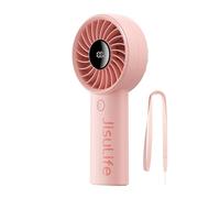 JISULIFE Handheld Portable Fan with Powerful Motor,LED Display,5000mAh Battery,5 Wind Speeds,Lanyard; USB Rechargeable Hand held Fan; Summer Essentials for Travel,Beach,Makeup,Concerts-Pink