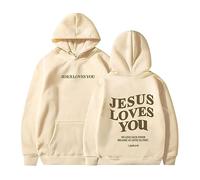 JISUXIAB Christian Winter Hoodies for Women Men UK Bible Verse Ladies Girls Y2K Jesus Loves You Letter Graphic Oversized Long Sleeve Pockets Sweatshirts Tops Womens Hoodies (A02-Beige,XL)