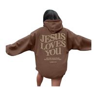 JISUXIAB Christian Winter Hoodies for Women Men UK Bible Verse Ladies Girls Y2K Jesus Loves You Letter Graphic Oversized Long Sleeve Pockets Sweatshirts Tops Fleece Hoodie Women (A03-Brown,M)