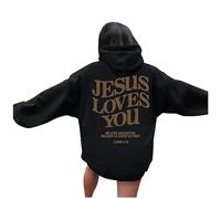 JISUXIAB Christian Winter Hoodies for Women Men UK Bible Verse Ladies Girls Y2K Jesus Loves You Letter Graphic Oversized Long Sleeve Pockets Sweatshirts Tops Hoodies for Women UK (A01-Black,XXL)