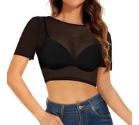 JISUXIAB Sheer Mesh Crop Tops for Women Ladies UK Short Sleeve Layering Blouses Plus Size Sexy Vest T Shirt Tee See Through Crewneck Slim Fit Yoga Shirt Casual Cropped Black Tank Tops (A01-Black,XXL)