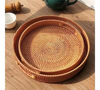JITASHWA Set of 2 Round Rattan Serving Tray, Hand Woven Wicker Tray, Decorative Table Tray, Rattan Serving Basket for Snacks, Fruit, Drinks, Desktop Organiser Tray for Restaurant Home Use