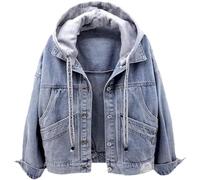 JITASHWA Women Denim Jacket Drawstring Long Sleeve Hooded Denim Coat Turn-Down Collar Loose Button Patchwork Outwear Female Casual Jean Coat Womens Fall Fashion 2024 - S