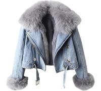 JITASHWA Women Denim Jacket with Fur Warm Fur Collar Faux Fur Lined Denim Jacket Thicken Shaggy Winter Removable Cropped Coat Trendy Women Outwear, Light Blue, L