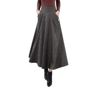 JITASHWA Women’s Fall Winter High Waisted Wool Plaid A-line Long Skirt, Coffee, XL