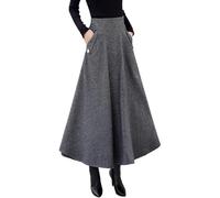 JITASHWA Women’s Fall Winter High Waisted Wool Plaid A-line Long Skirt, Grey, XL