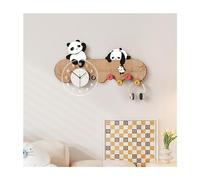 JITEM 2 in 1 Wall Mounted Coat Rack and Clock Cute Animal Panda Design Wall Hook Silent Wall Clock Hanging Clock 4 Hook Coat Hanger for Home Decor