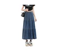 JITEM Women's Vintage Elastic Waist Denim Tiered Skirt 2024 Summer High Waist A Line Pleated Layers Midi Jean Skirt