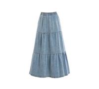 JITEM Women's Vintage Elastic Waist Denim Tiered Skirt 2024 Summer High Waist A Line Pleated Layers Midi Jean Skirt