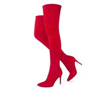 Jiu du Women's Over The Knee Thigh High Boots Sexy Stiletto High Heel Stretch Suede Side Zip Pointed Toe Party Knee High Boot, Red Velvet, 5 UK