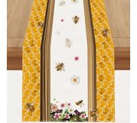 Jiudungs Linen Watercolor Floral Daisy Bee Table Runner 72 Inches Long Farmhouse Spring Summer Autumn Fall Home Kitchen Dinging Room Table Decorations