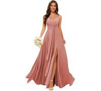 JIUDUNTANG Chiffon Bridesmaid Dress A-Line Long Formal Gown with Pockets, Ruffles & Thigh Slit - Wedding Party Attire Dusty Pink