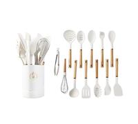 Jiufei Home Silicon Cooking Utensils Set - 446°F Heat Resistant 13pcs,Kitchen Utensil Spatula Set Wooden Handles and Holder for Non-Stick Cookware, BPA FREE(white）