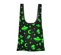 JIUFOTK Alien Spaceships Planet Green Reusable Foldable Shopping Bag, Portable Grocery Bag For Daily Use
