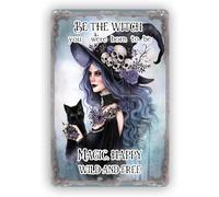 JIUFOTK Be The Witch You Were Born To Be Magic Happy Wild And Free Metal Sign Funny Halloween Decorations For Home Coffee Cafe Bar Kitchens Shop Art Decor Gift For Women Men Plaque Tin Sign
