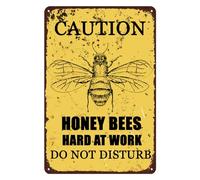 JIUFOTK Bee Warning Sign,Honey Bees Hard at Work Funny Bee Wall Decor Tin Signs Vintage Wall Poster Metal Plaque for Home Garden Yard Farmhouse Wall Decor 8" X 12"