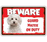 JIUFOTK Beware Guard Maltese Dog On Duty Novelty Warning Metal Tin Sign Yard Signs Dogs Sign For Fence