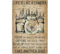 JIUFOTK Camping Hiking With Camera Metal Sign Life Is Like A Camera Focus On What'S Important Capture The Good Times Tin Sign Retro Plaque For Home Cafe Bar Club Courtyard Garage 8x12 Inch