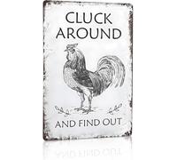 JIUFOTK Chicken Coop Accessories Farmhouse Rooster Decor Tin Metal Sign Plaque Cluck Around And FindSigns For Room Home Farmhouse Kitchen Garden Coffee Bar Decor Wall Art Decor Aesthetic 12x16 Inch