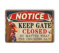 JIUFOTK Chicken Coop Signs, Keep Gate Closed No Matter What The Chickens Say Sign Chicken Accessories for Coops Funny Chicken Gifts Metal Chicken Signs Outdoor Yard Decor