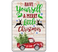 JIUFOTK Christmas Red Truck Tin Sign Merry Christmas Door Hanging Wall Decor Holiday Home Art 12x16 Inch